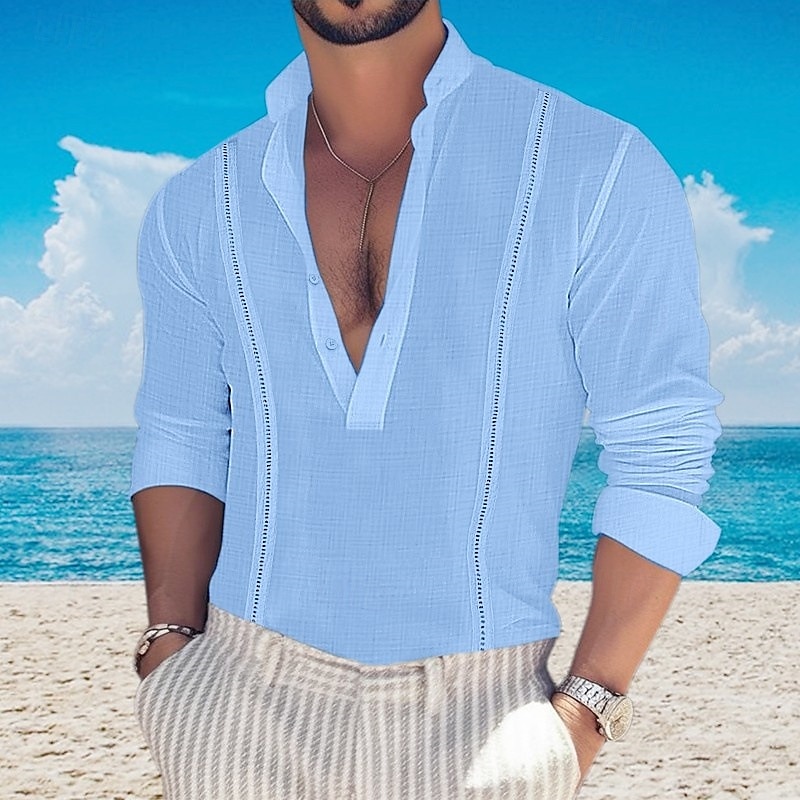 Men's Shirt Popover Shirt Summer Shirt Casual Shirt Beach Shirt Black White Pink Green khaki Long Sleeve Plain Band Collar Vacation Hawaiian Button-Down Clothing Apparel Fashion Casual Comfortable 2025 - $25.99 –P5