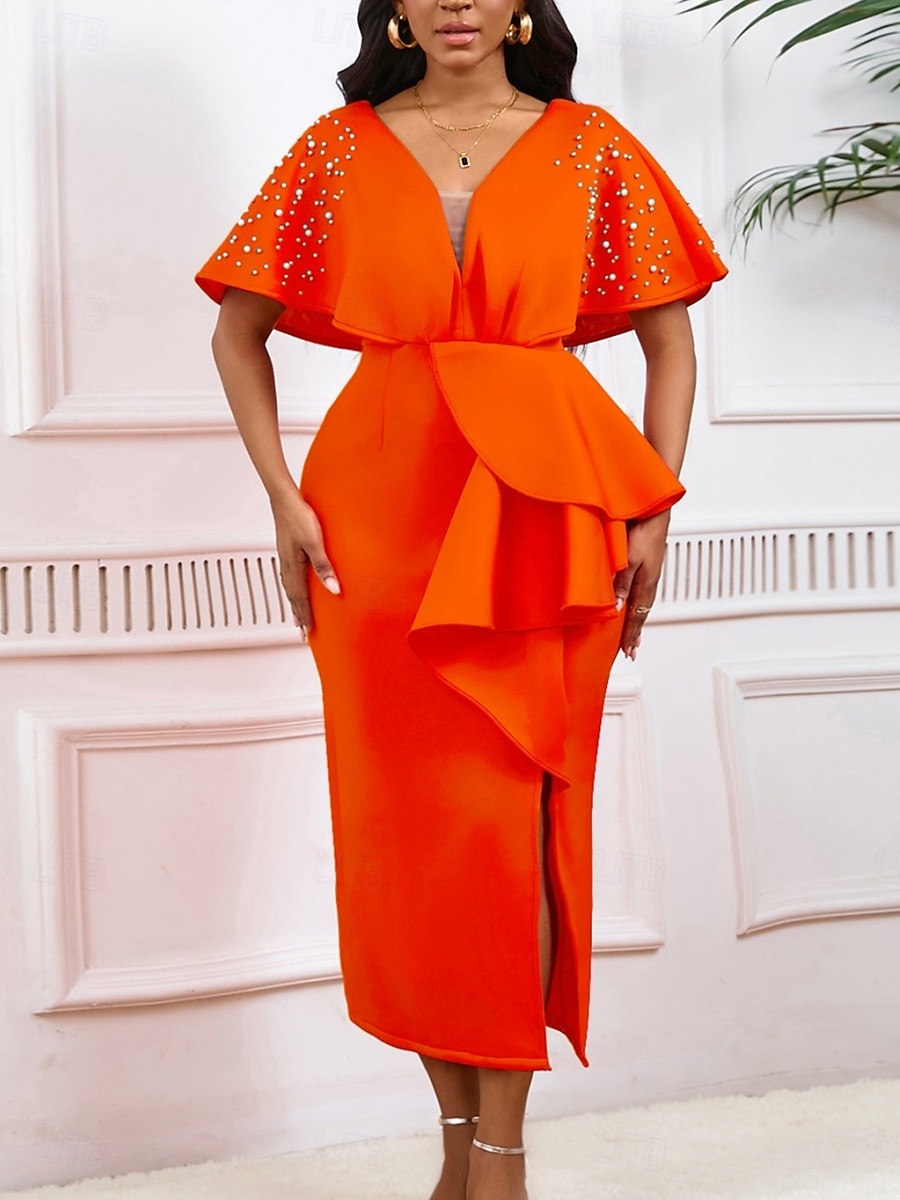 Kentucky Derby Damen Midi Kleid Bodycon Kleid Puffärmel Kleid Elegant Formal Cocktail Formal Party Hochzeitsgast Reguläre Passform Grafisch Kurzarm V-Ausschnitt Schwarz Weiß Gelb Rot Sommer 2025 - $49.99 –P7