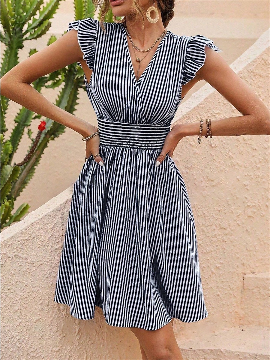 Pentru femei Rochie Mini Rochie casual Rochie A line Stilat Casual Vacanță Casual Zilnic Fit regulat Dunga Manșon scurt În V Negru Albastru celest Vară 2025 - $24.99 –P7