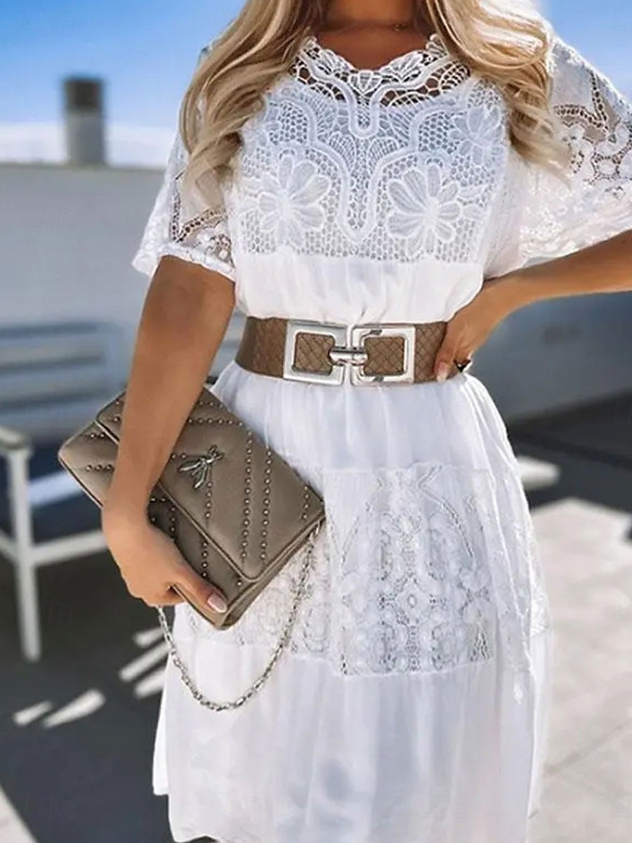 Women's Long Dress Maxi Dress Lace Dress Boho Dress Elegant Stylish Casual Vacation Daily Regular Fit Plain Short Sleeve Crew Neck Black White Blue Summer Spring 2025 - $37.99 –P1
