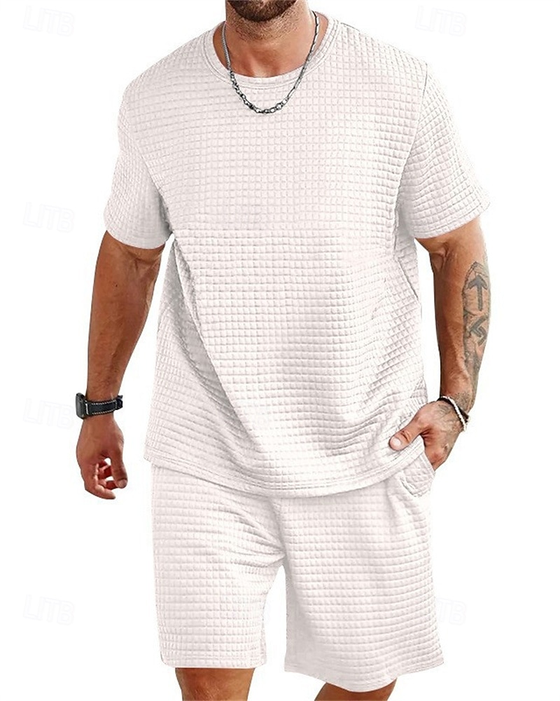 Hombre Waffle Tracksuit Camiseta y pantalones cortos Conjunto Conjunto de atuendo Cuello Barco Exterior Diario Deportes Bolsillo Correa 2 Piezas Plano Negro Blanco Caqui Poliéster Ropa de Deporte 2026 - $37.99 –P7