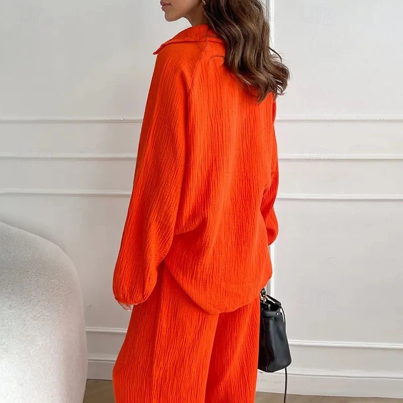 Women's Fashion Streetwear Shirt Two Piece Sets Linen Pants Pants Trousers Long Sleeve Shirt Collar Solid Color Drawstring Daily Wear Date Black White Orange Summer Regular Fit 2025 - $28.99 –P8