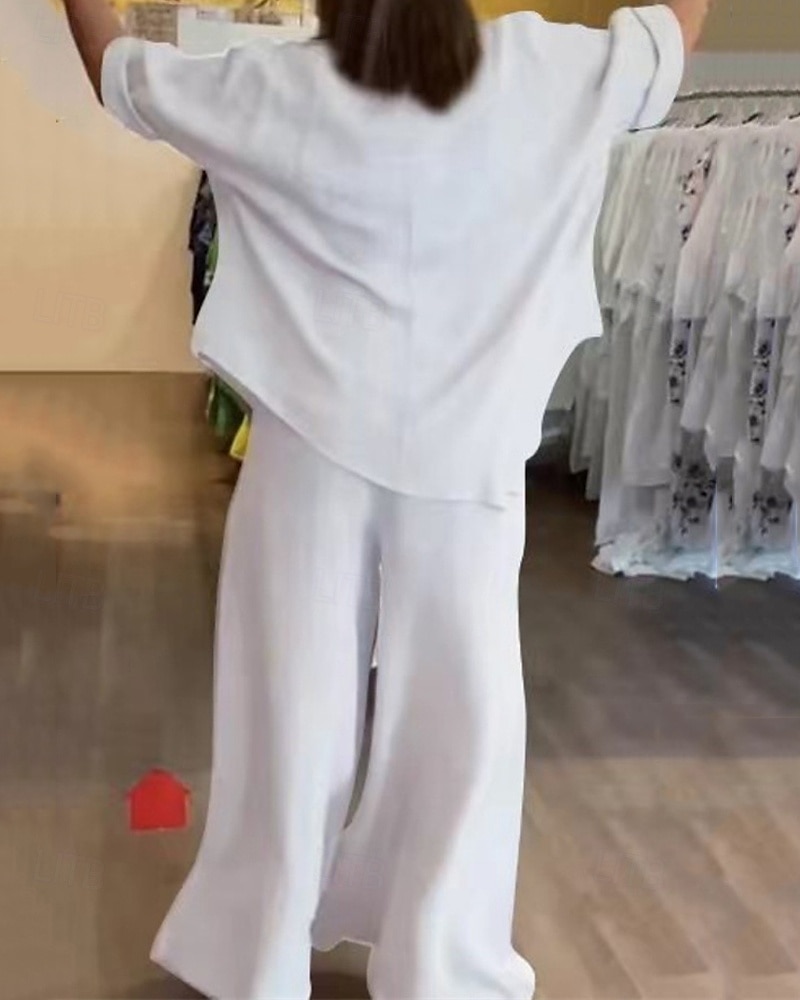 Per donna Moda Streetwear Camicia Set di biancheria in cotone Set da due pezzi Pantaloni di Lino Pantaloni Manica Lunga Scollo a V Tinta unica Ferie Abbigliamento quotidiano Nero Bianco Blu marino del 2025 a $41.99 –P2