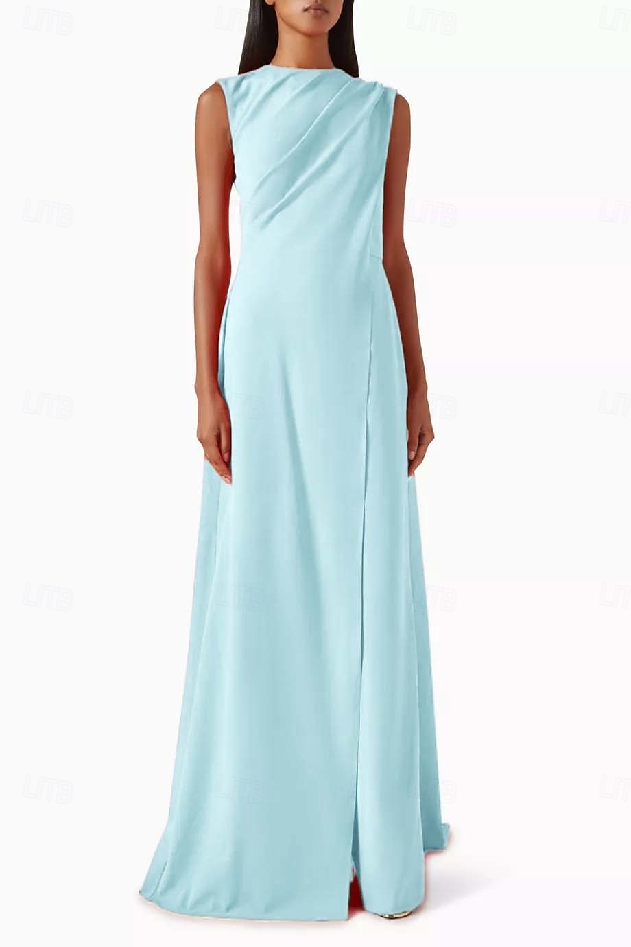 Combinaisons robe de soirée élégante invité de mariage train traînant sans manches col rond crêpe extensible avec drapés 2025 de 2025 ? $178.99 –P2
