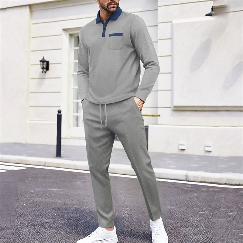 Per uomo Polo a nido d'ape Camicia da golf Golf Ufficio Informale Bavero Manica lunga Essenziale Moderno Color Block Collage Bottoni Primavera Autunno Standard Nero Blu reale Cachi Grigio Polo a nido del 2025 a $37.99 –P3