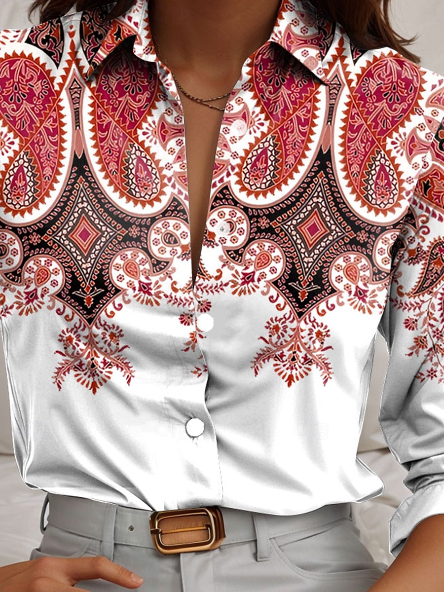 Women's Shirt Paisley Casual Long Sleeve Shirt Collar Regular Tops Work Daily Buttons Print Red Blue Orange Spring Fall Winter 2025 - $32.99 –P4
