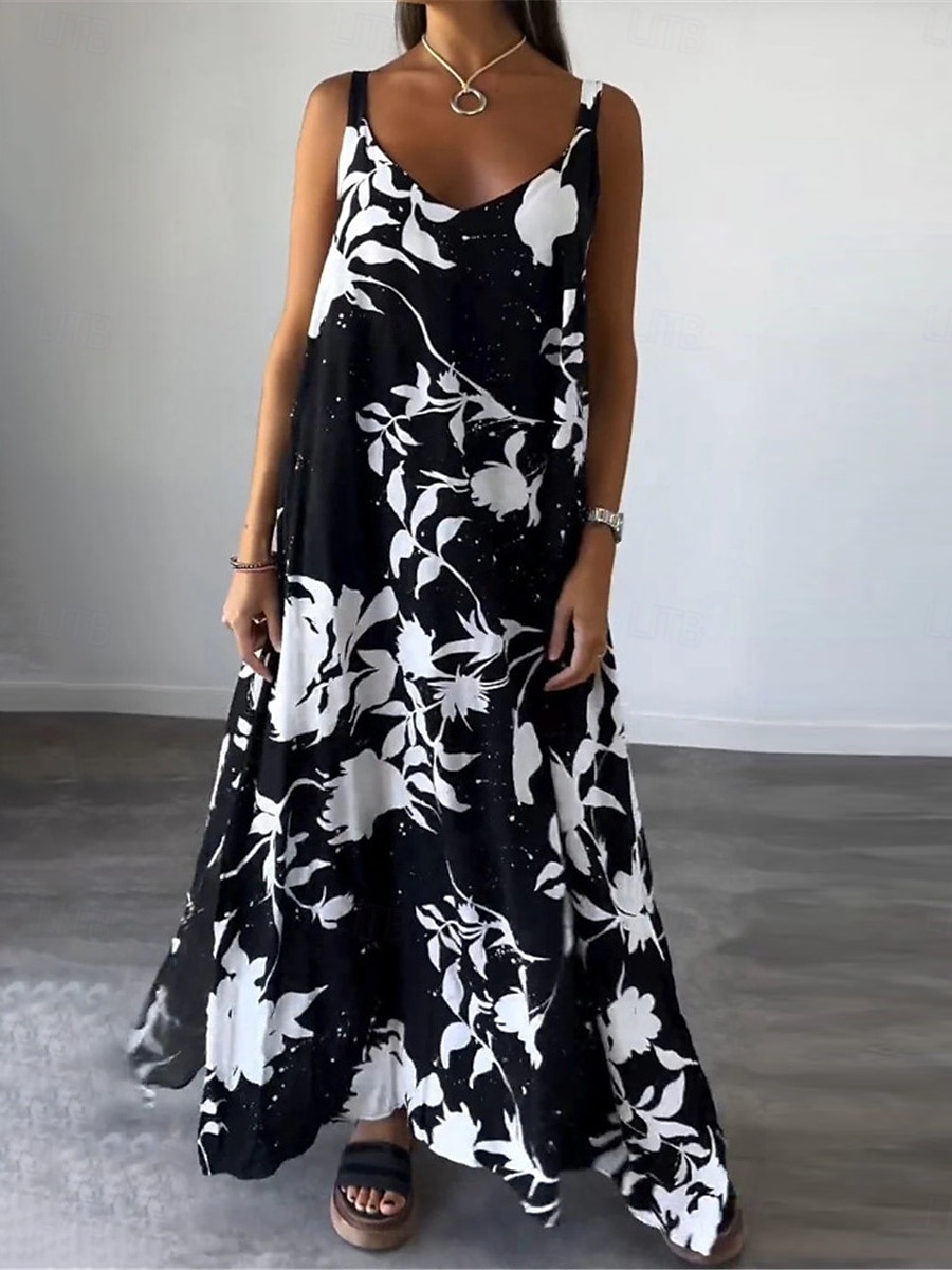 Damskie Sukienka maxi Codzienne sukienki Sukienka na ramiączkach Elegancki Codzienny Urlop Codzienny Regularny Kwiaty Bez rękawów Pasek Czarny Biały Żółty Lato 2025 - $31.99 –P1