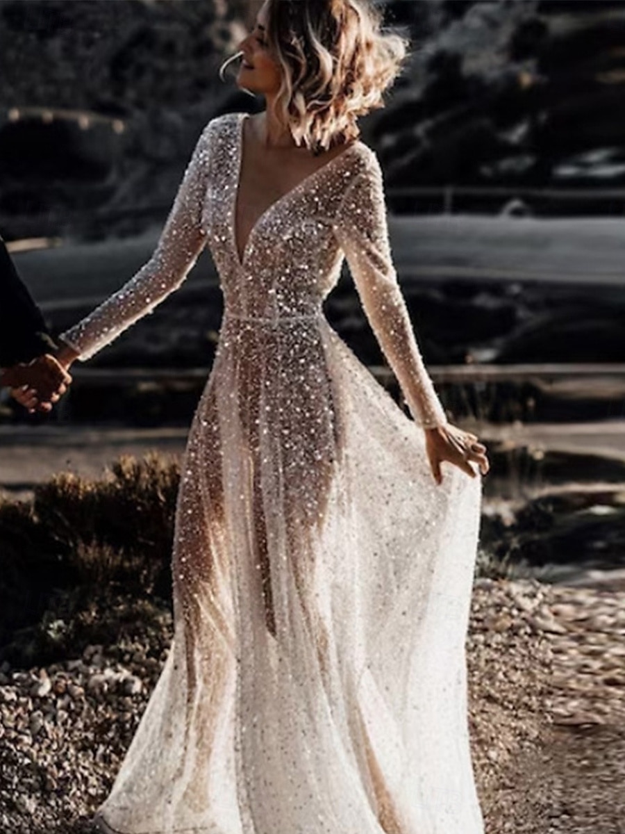 Hochzeitskleider Ballkleid V-Ausschnitt Langarm Kapelle Zug Satin Brautkleider mit Falten gerafft 2025 - $229.99 –P6
