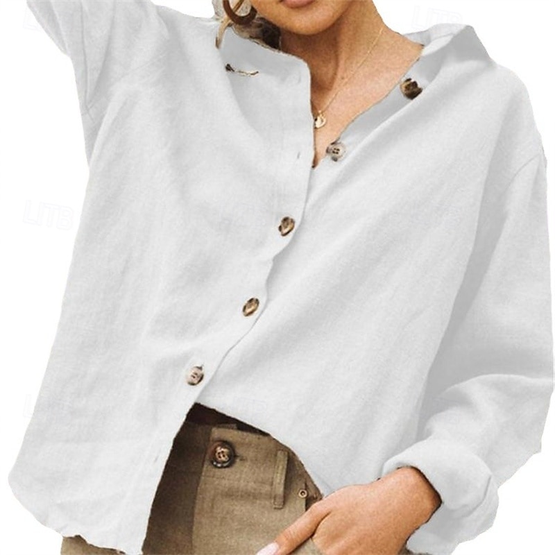 Dames Overhemd Katoenen linnen overhemden Linnen overhemd Knoop omhoog Effen Dagelijks Stijlvol Basic Lange mouw Overhemdkraag Normale tops Werk Dagelijks Feestdagen Knop Zwart Wit Khaki Lente Herfst 2025 - $25.99 –P4
