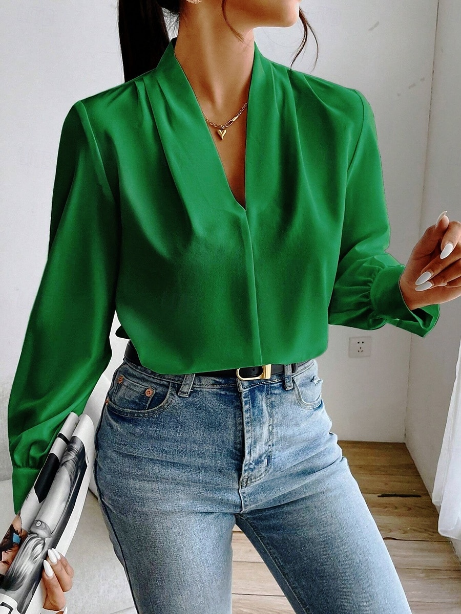 Dame Skjorte Bluse Helfarge Stilfull Fritid Langermet V-hals Vanlige topper Daglig Knapper Lomme Svart Hvit Gul Blå Grønn Sommer Vår 2025 - $31.99 –P17