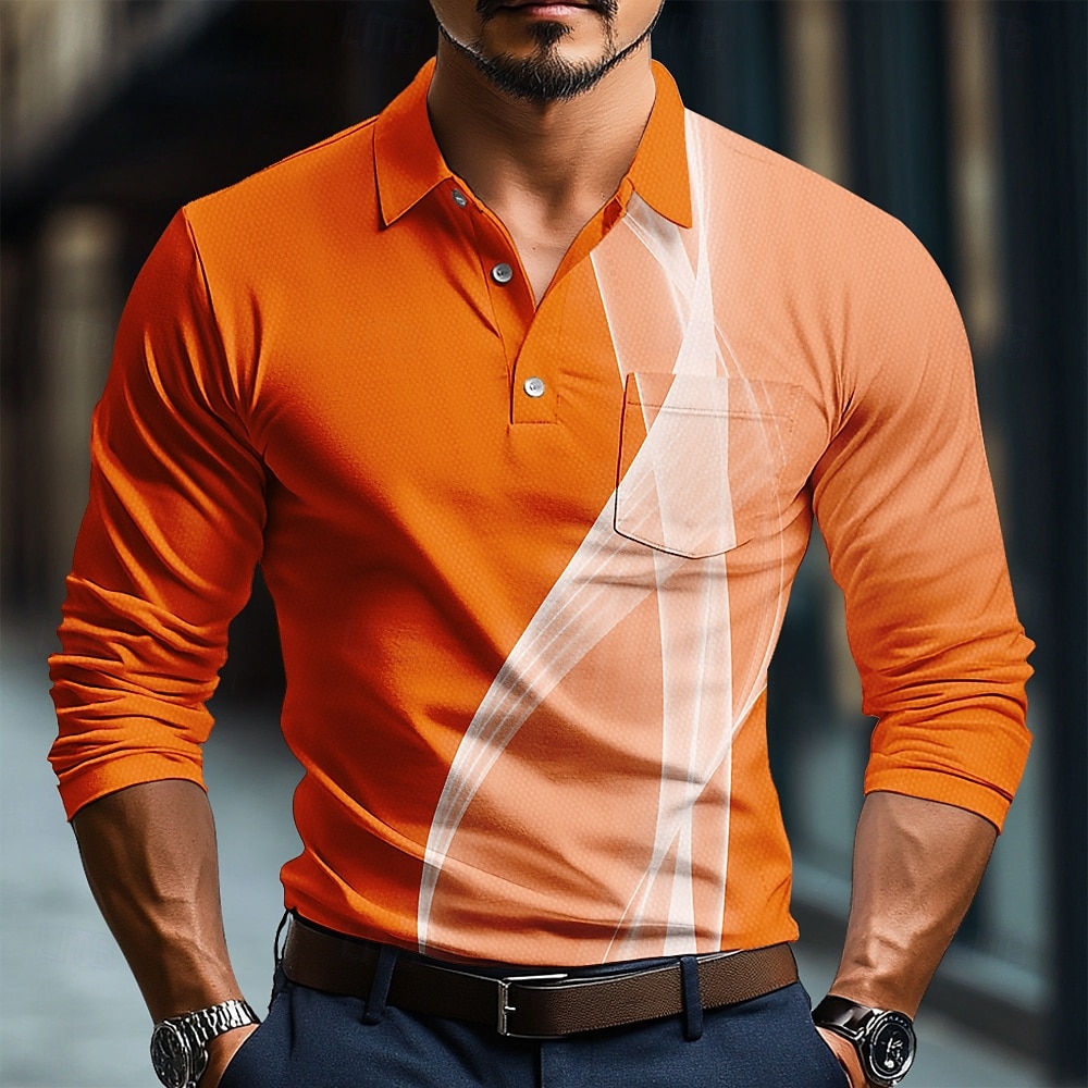 Herren Geometrisch Linie Polo Langarm Polo-Shirts Hemden mit Kragen Business-Casual Geschäft Athleisure Alltagskleidung Knöpfe 3D-Druck Frühling Herbst Winter Schwarz Blau Orange 2025 - $23.99 –P2