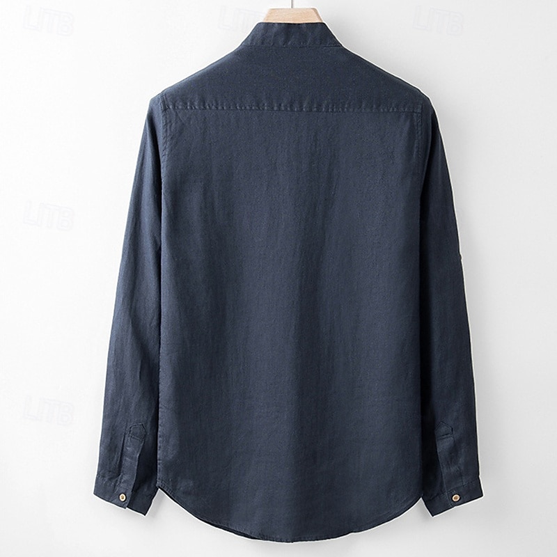 Men's Shirt Linen Shirt Casual Shirt Button Up Shirt Plain Vacation Hawaiian White Navy Blue Beige Long Sleeve Band Collar Spring Fall Clothing Apparel Button-Down 2025 - $94.99 –P9