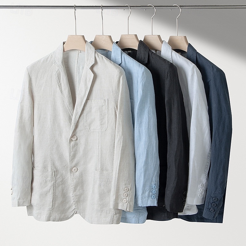 Homme Blazer 100% lin blazer Entreprise Soirée Cocktail Fête de Mariage Mode Décontractées Printemps Automne 100% Lin Couleur unie Boutons Poche Confortable Boutonnage Simple veste Noir Blanche bleu de 2025 ? $132.99 –P1