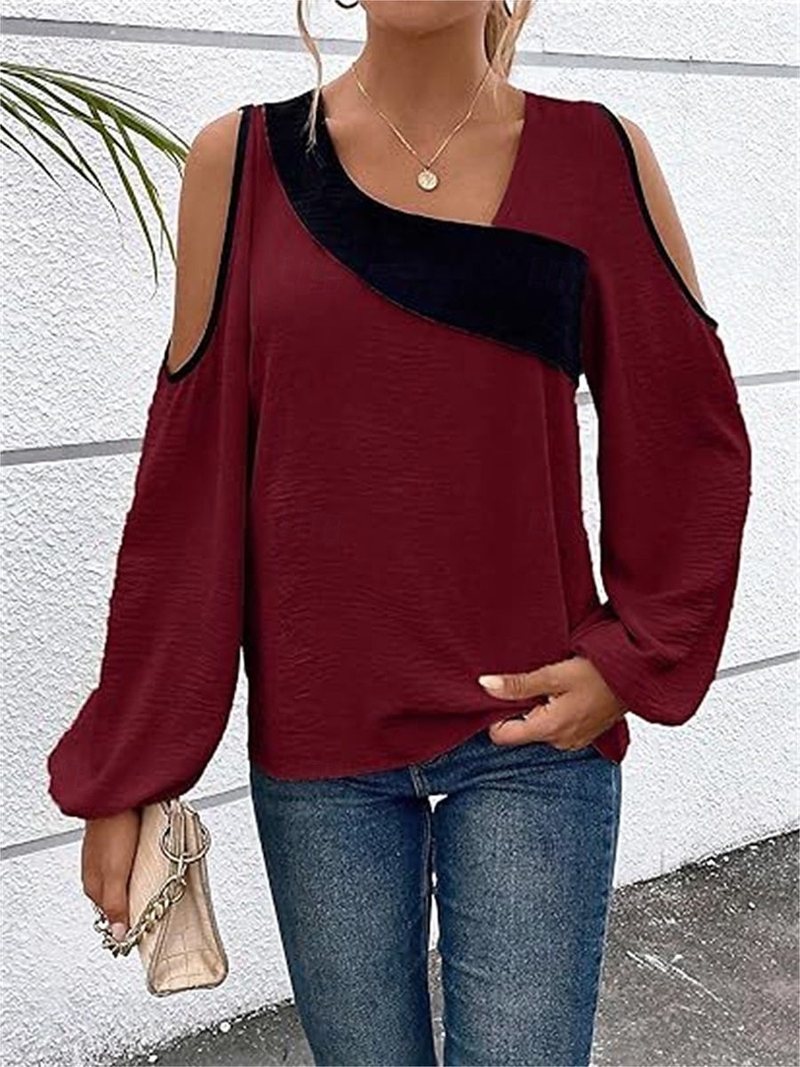 Damen Hemd Bluse Farbblock Elegant Täglich Stilvoll Langarm Laternenärmel U-Ausschnitt Normale Oberteile Arbeit Täglich Festtage Patchwork Wein Blau Beige Frühling Herbst 2025 - $26.99 –P12