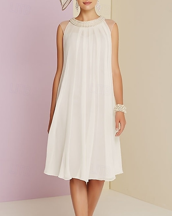 Sheath  Column Brautmutterkleid Hochzeitsgast Elegant Rundhalsausschnitt Knie Länge Chiffon Ärmellos mit Falten Perlen Midi Kleid 2025 2025 - $163.99 –P2