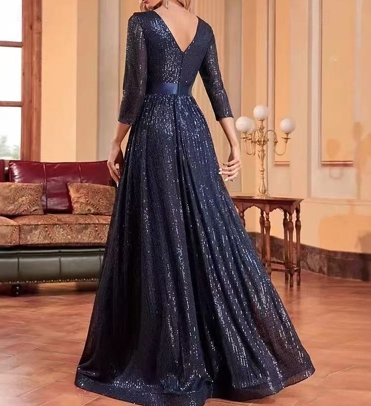 A-linje Bryllupsgjest Kjoler Festkjole Prom Black Tie Gala Gulvlengde 3/4 Lengde Erme Crew Utringning Belte  Bånd Spandex med Glitrende Frynser Paillett 2025 - zł768.99 –P2