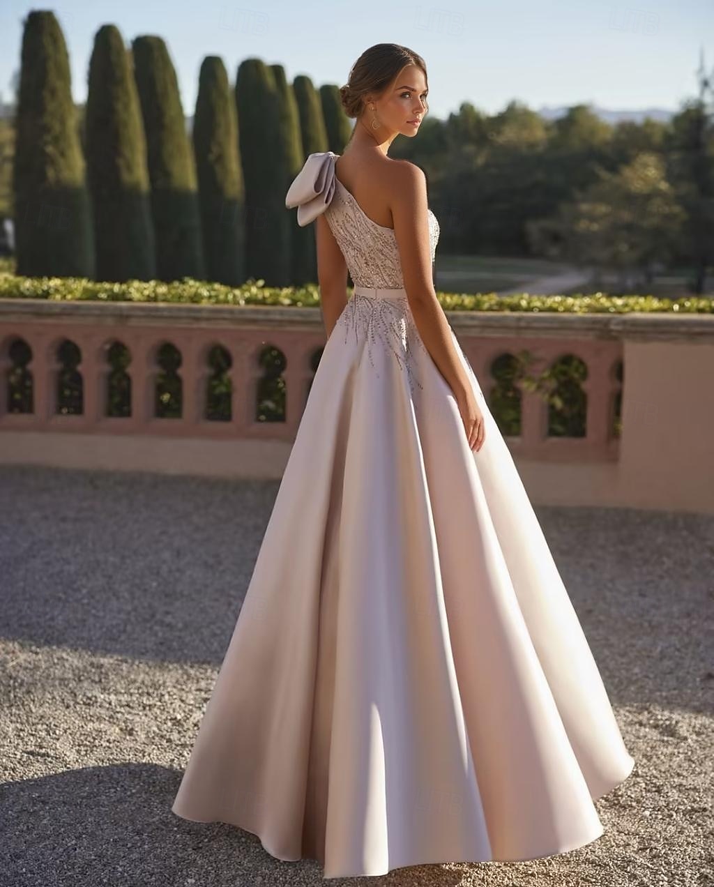 A-Linje Kveldskjole Elegant Kjole Formell Bryllup Gulvlengde Uten Ermer One Shoulder Sateng med Glitter Sløyfe(r) Perler 2025 - $229.99 –P2