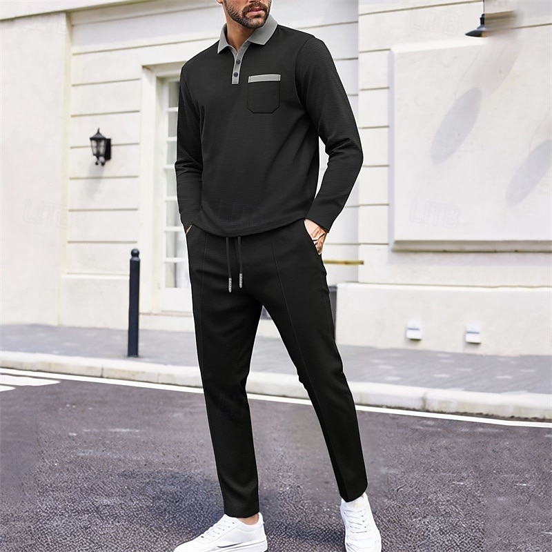 Per uomo Polo a nido d'ape Camicia da golf Golf Ufficio Informale Bavero Manica lunga Essenziale Moderno Color Block Collage Bottoni Primavera Autunno Standard Nero Blu reale Cachi Grigio Polo a nido del 2025 a $37.99 –P5