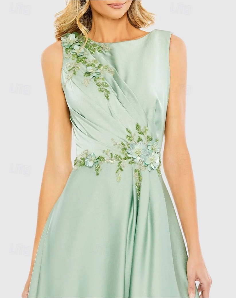 Robe de soirée A-Line verte robe élégante mariage formel longueur au sol sans manches col bijou satin avec broderie pailletée de 2025 ? $202.99 –P3