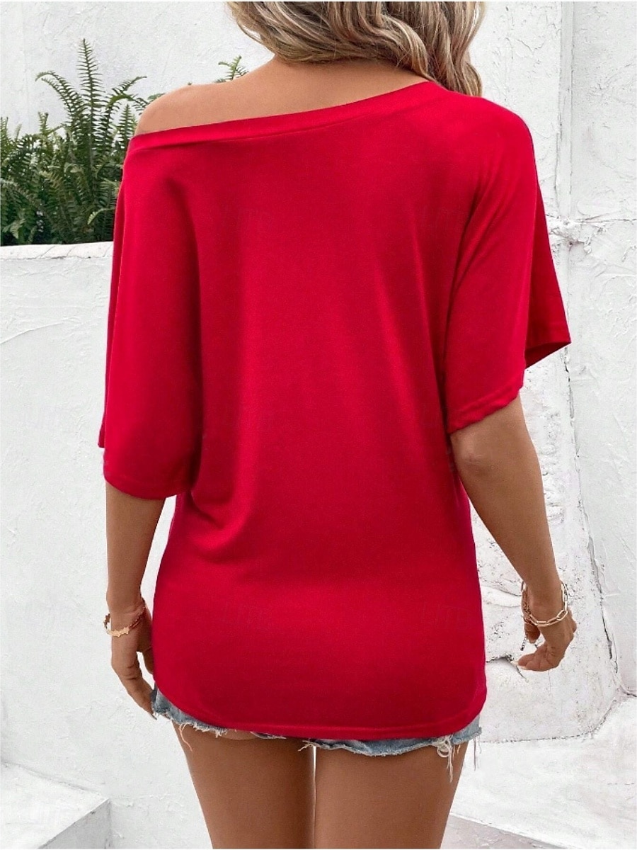 T- shirt pour femmes Couleur Unie Basique Décontractée Manches 3/4 Col Ronde Hauts Quotidiens Noir Rouge Abricot Gris Été Printemps de 2025 ? $17.99 –P2