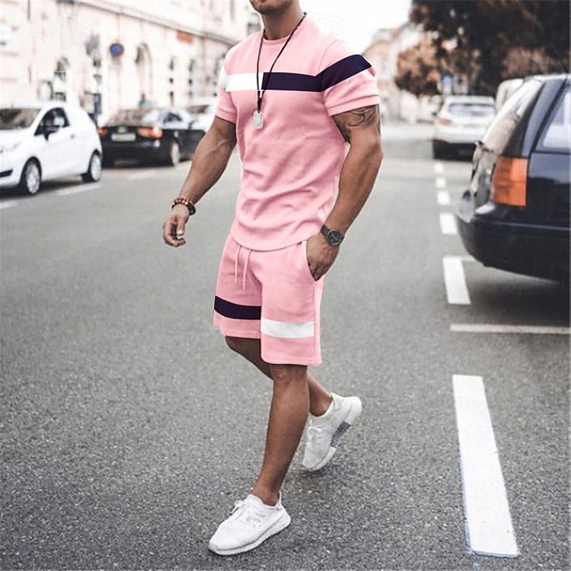 Men's T-shirt Suits 2 Pieces Outfits Tee & Shorts Short Sleeve Crewneck Summer Color Block Fashion Casual 2 Piece Vacation Daily Wear Going out Black Pink White Top Tee for Men 2025 - $27.99 –P2