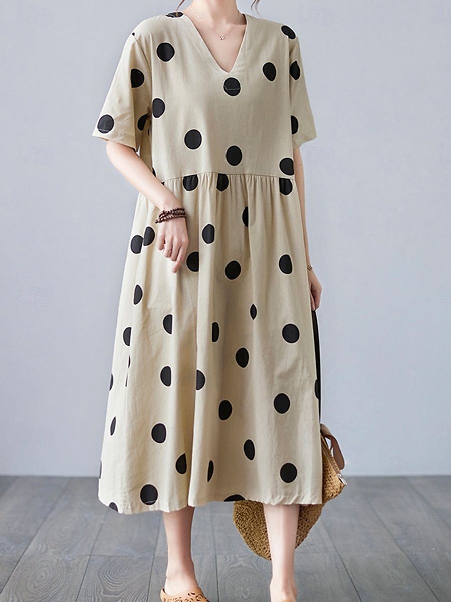 Women's Maxi Dress Cotton Linen Dresses Casual Dress Basic Casual Vacation Daily Regular Fit Polka Dot Long Sleeve V Neck Apricot Summer 2025 - $26.99 –P4