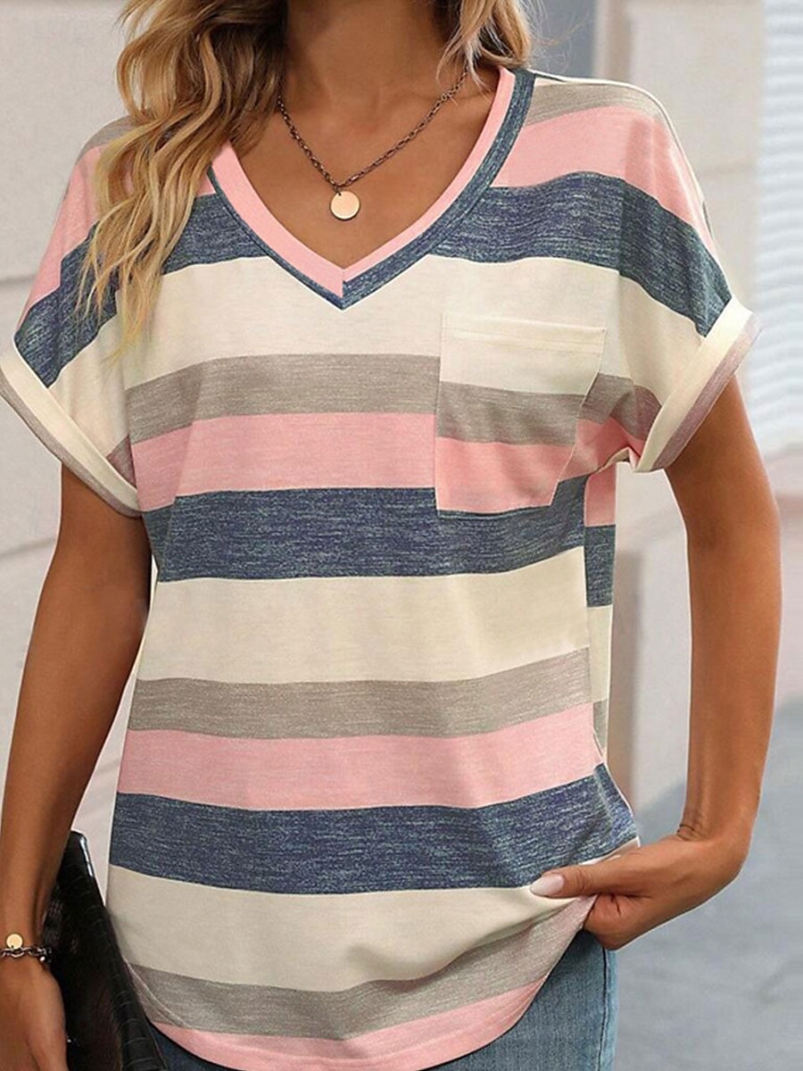 Women's T Shirt Striped Fashion Modern Casual Short Sleeve V Neck Regular Tops Daily Weekend Pink Wine Sky Blue Summer Spring 2025 - $21.99 –P4