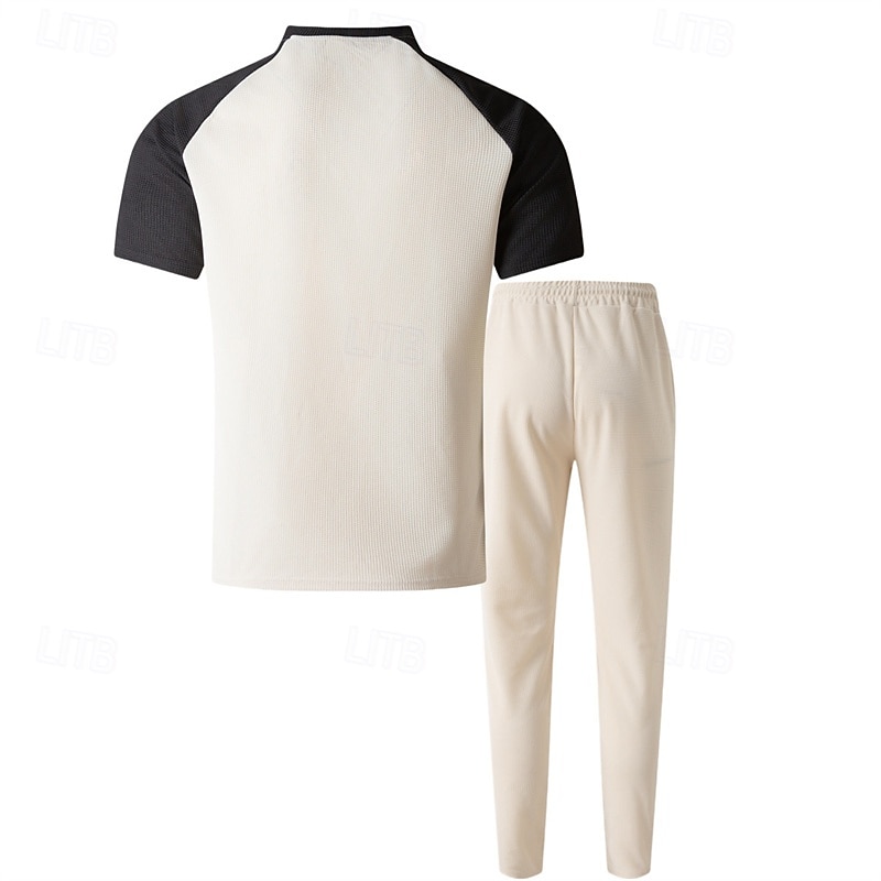 Herren T-Shirt Anzüge T-Shirts und lange Hosen mit Kordelzug 2-teiliges Outfit Kurzarm Henley Sommer Frühling Farbblock Mode Lässig 2 teilig Urlaub Alltagskleidung Ausgehen Wein Grün Khaki Top 2026 - $37.99 –P12