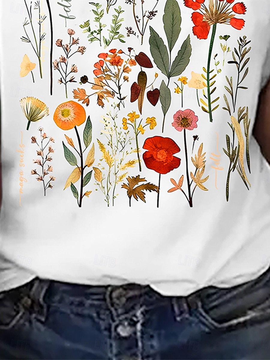 Women's T Shirt Print Floral Basic Short Sleeve Round Neck Regular Tops Daily Weekend Black White Gray Summer 2026 - $21.99 –P3