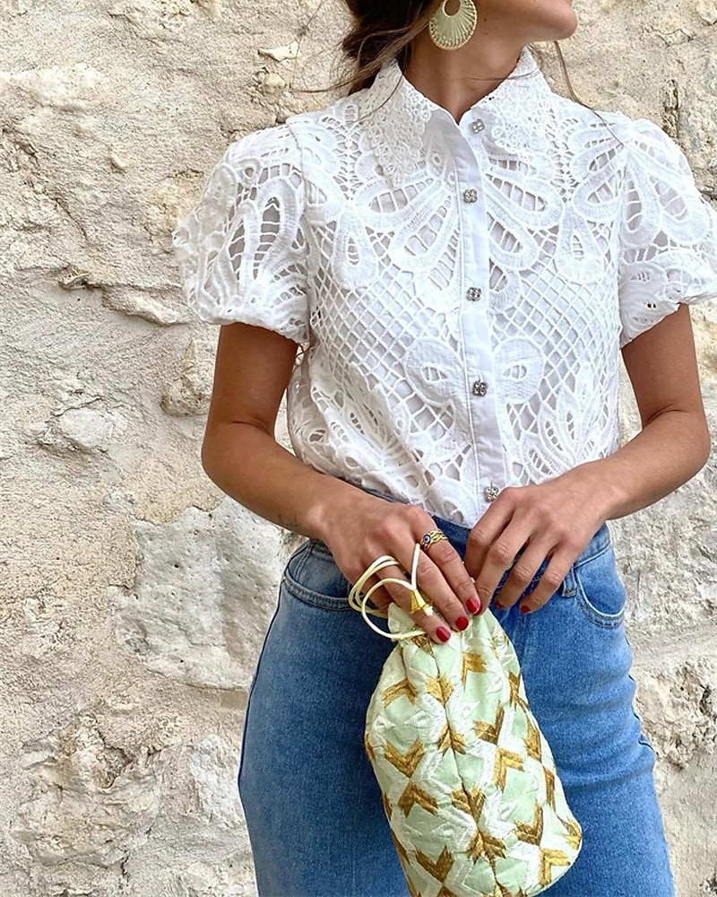 Mulheres Blusa Topo de ilhó Tops de renda Vazado Botões Tecido Diário à moda Básico Manga Curta Colarinho de Camisa Tops regulares Diário Trabalho Feriado Branco Rosa cor de Rosa Primavera Outono de 2026 por $32.99 –P4