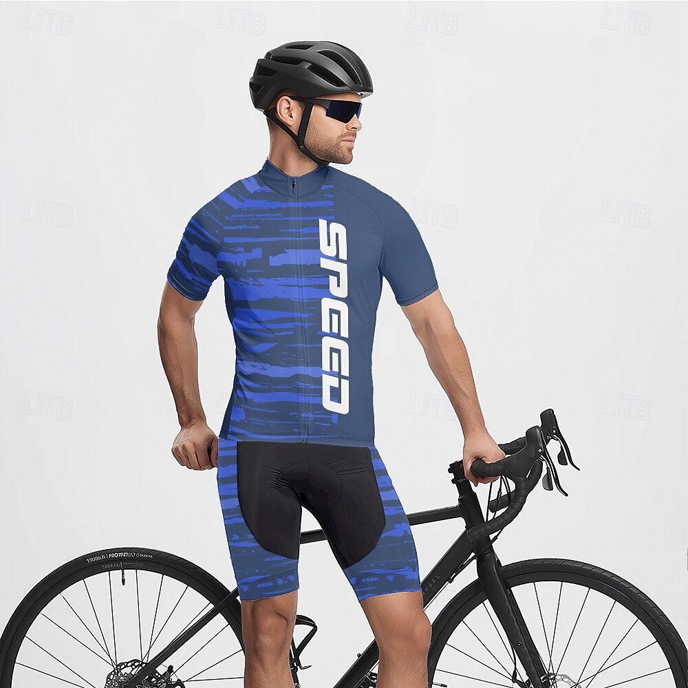 2025年 男性用 ショーツ付きサイクリングジャージー 半袖 マウンテンサイクリング ロードバイク ブルー バイク スパンデックス スポーツ 文字＆番号 衣類  コレクション – $40.99 -P10