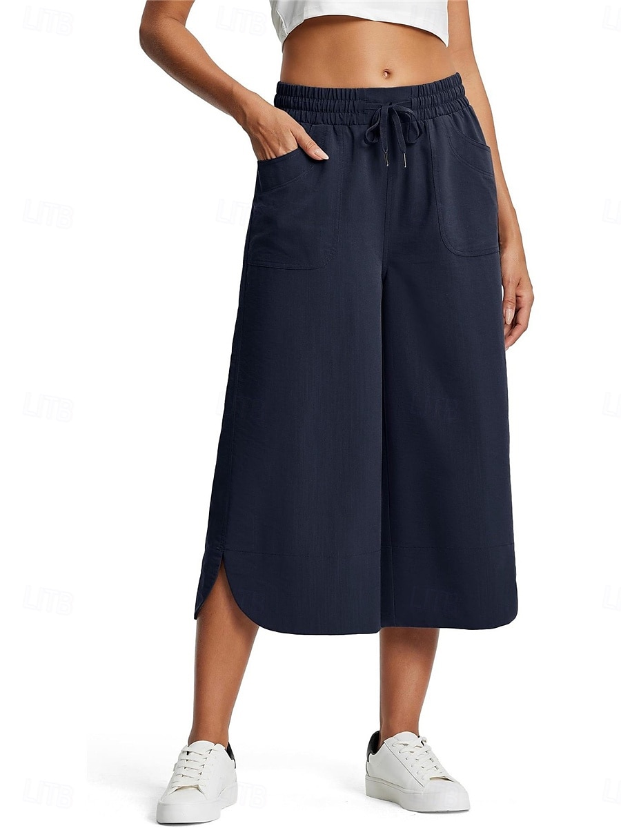 Women's Wide Leg Chinos Fashion Streetwear Calf-Length High Waist Plain Pocket Elastic Waistband Comfy Soft Comfortable Micro-elastic Outdoor Street Navy-blue Army Green Black Blue Summer Spring 2025 - $24.99 –P13