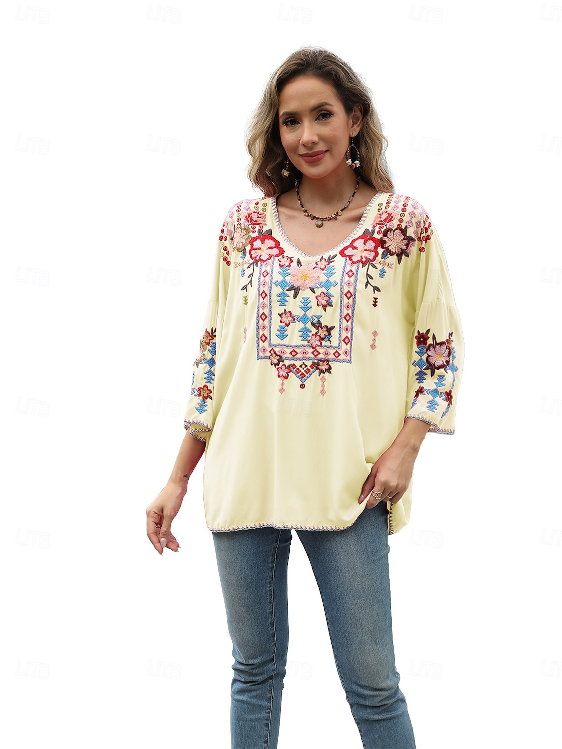 Dame Boho skjorte Helfarge Blomstret Bohem Daglig Luksuriøs 3/4 ermer 3/4-ermer Crew-hals Vanlige topper Arbeid Daglig Ut på byen Broderi Svart Gul Rose Rosa Sommer 2025 - $52.99 –P18