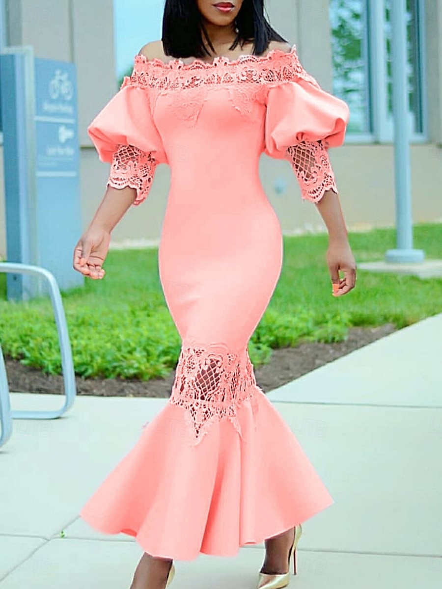 Kentucky Derby Kvinners Maxikjole Sexy Kjole Puffermansjett Kjole Elegant Formell Fest Bryllupsgjest Forlovelse Regular Fit Grafisk 3/4 Lengde Erme Off Shoulder Svart Hvit Rosa Rød 2025 - $49.99 –P1