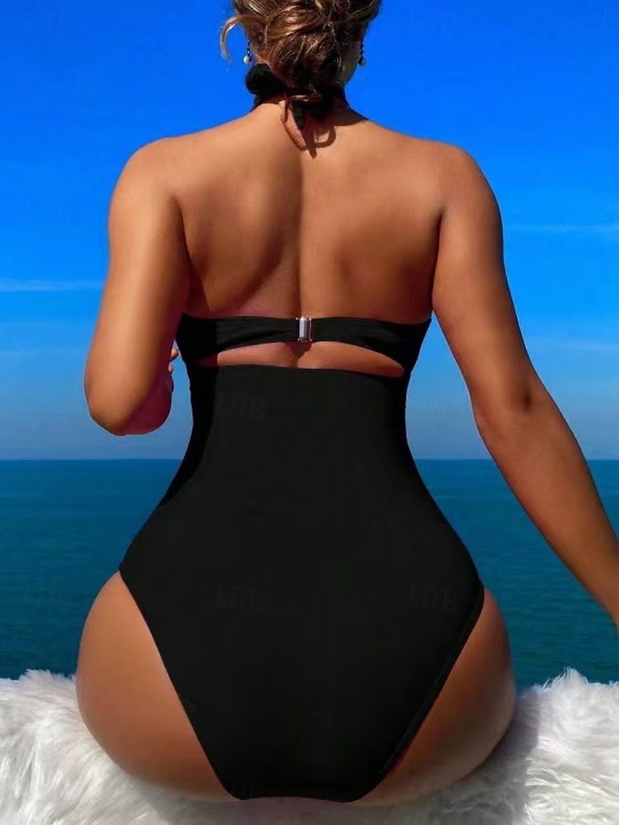 Kvinnors baddräkter en del monokini baddräkter rygglös mage kontroll hög midja smal semester strandkläder enfärgad halterneck ärmlös baddräkt 2025 - $19.99 –P6