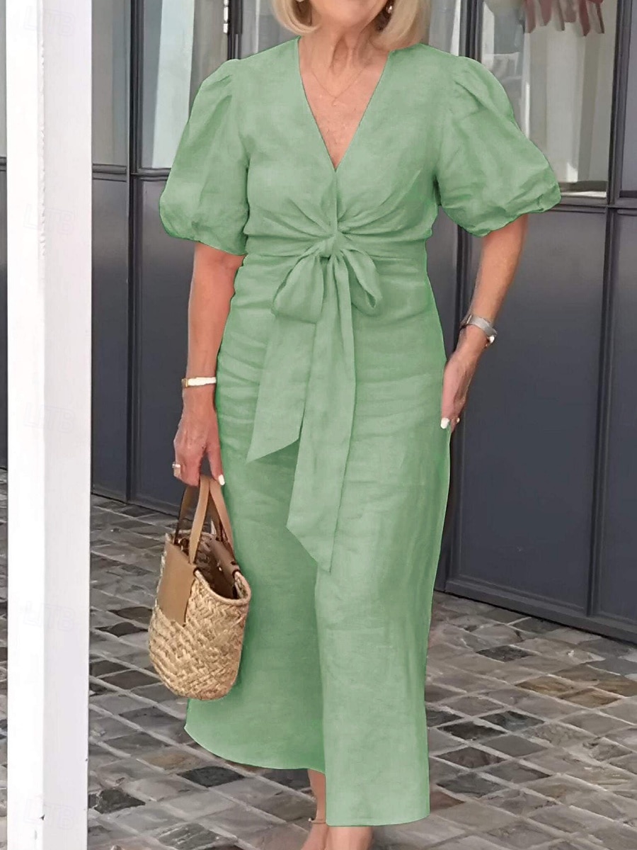 Women's Maxi Dress A Line Dress Solid Color Summer Dress Puff Sleeve Dress Basic Casual Puff Sleeve Vacation Daily Regular Fit Graphic Short Sleeve V Neck Black White Yellow Pink Summer 2025 - $26.99 –P6