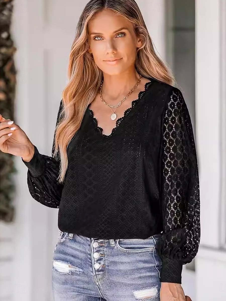 Damen Elegante Oberteile Elegant Langarm V Ausschnitt Normale Oberteile Schwarz Weiß Sommer Frühling 2025 - $21.99 –P7