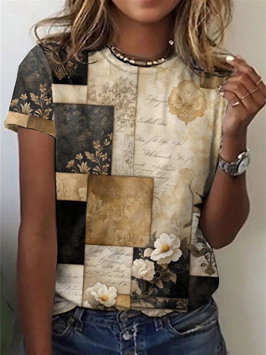 2025年 女性用 Tシャツ チェック カジュアル 半袖 ラウンドネック レギュラートップス 日常 プリント カーキ色 夏 コレクション – $19.99 –P1