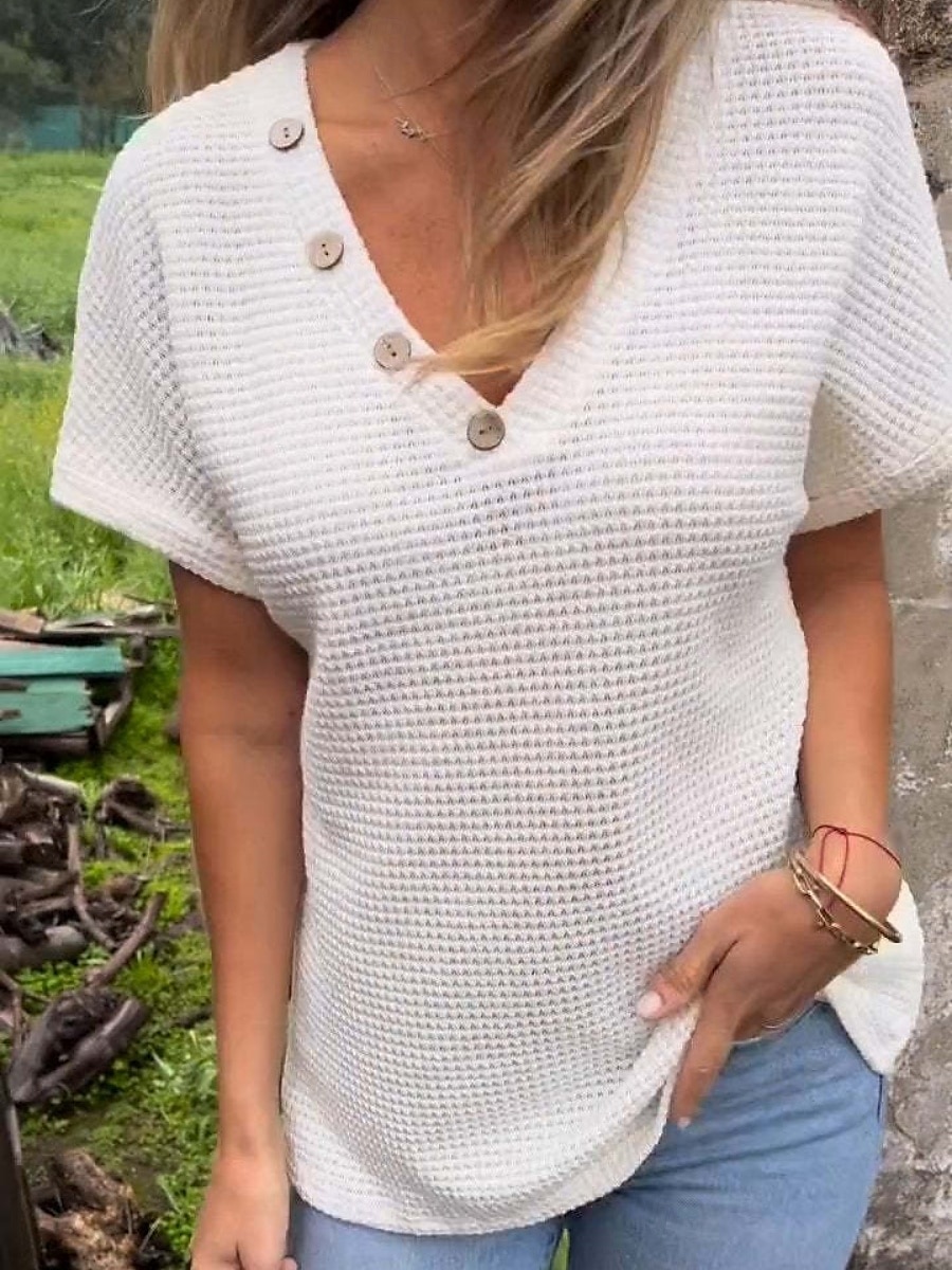 Dam T-shirt Slät Mode Modern Ledigt Kortärmad V-hals Vanliga toppar Dagligen Helgen Knappar Vit Gul Rodnande Rosa Blå Orange Sommar 2025 - $21.99 -P4