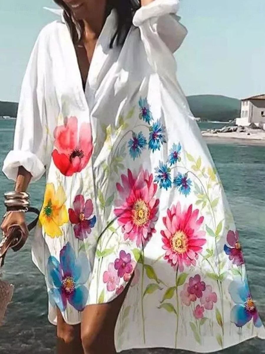 Damen kleid lang blusenkleid Casual kleid Stilvoll Brautkleider schlicht Urlaub Täglich Lockere Passform Graphic Langarm Hemdkragen Weiß Gelb Rosa Leicht Blau Sommer Frühling Herbst 2025 - $26.99 –P6