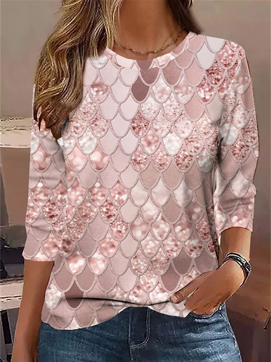 Tricou pentru femei cu guler rotund mânecă lungă tunică geometrică Casual Topuri obișnuite zilnice imprimeu Roz Primăvară Toamnă 2026 - $24.99 –P1