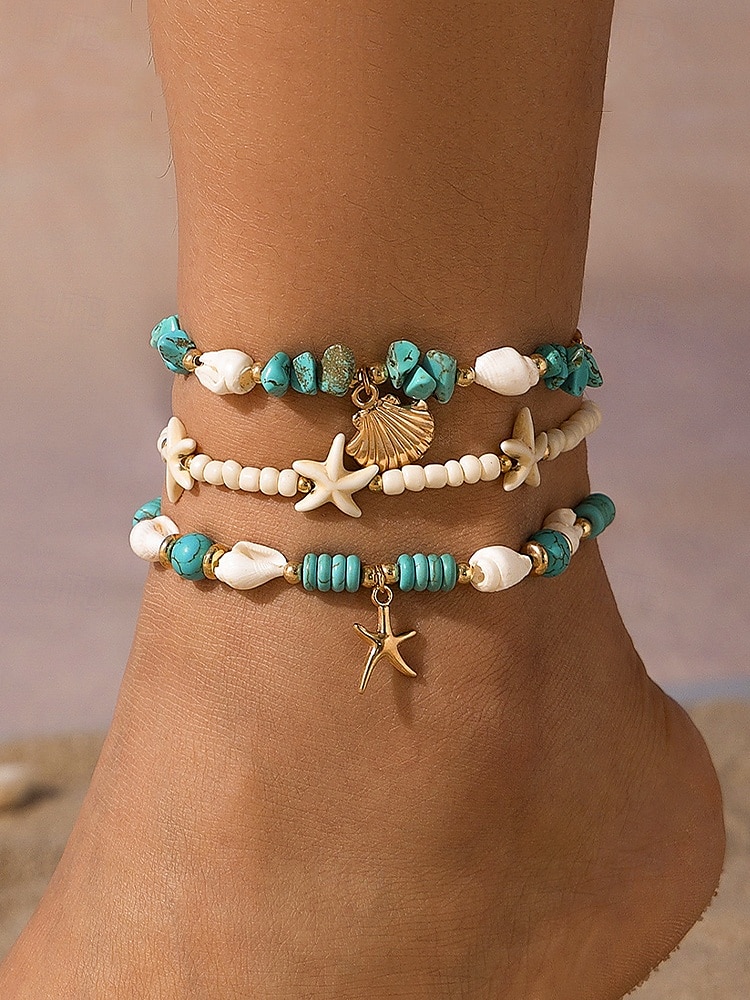 Boho Beach Anklet Set for Women – Handmade Shell & Turquoise Beaded Starfish Ankle Bracelets, Summer Foot Jewelry for Vacations & Festivals 2025 - $11.99 –P2