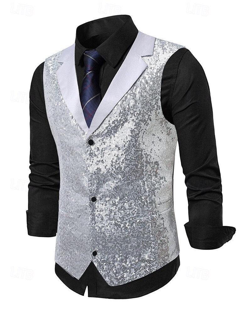 Men's Vest Waistcoat Gilet Performance Vacation Stage Fashion Casual Summer Spring Sequins Buttons Pocket Polyester Comfortable Plain Single Breasted One-button Lapel Regular Fit Silver Black Vest 2025 - $33.99 –P1