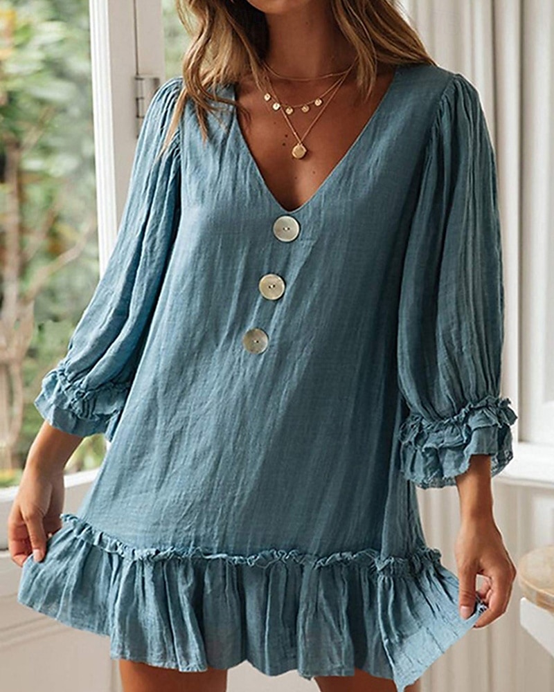Damen Minikleid Leinen-inspirierte Kleider Freizeitkleid Baumwoll-Leinenkleid Stilvoll Lässig Urlaub Täglich Date Normale Passform Einfach Langarm V Ausschnitt Schwarz Beige Leicht Blau Sommer 2025 - $26.99 –P5
