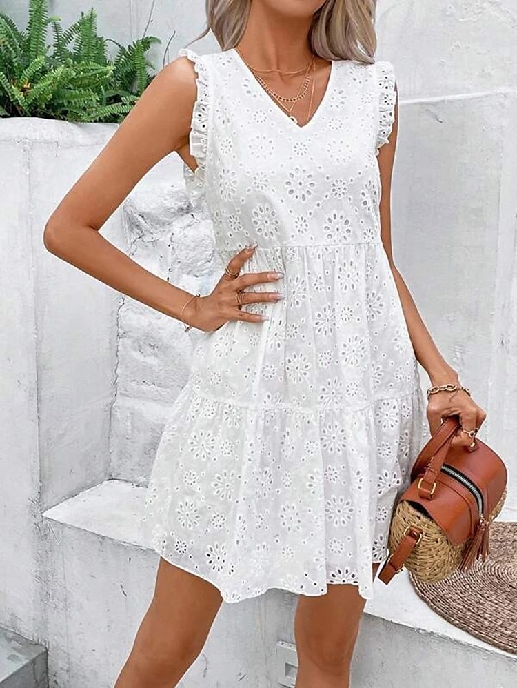 Dam Midiklänning Examensklänning Nivåklänning Boho-klänning Elegant Holk Dagligen Utekväll Festival Normal Broderi Ärmlös V-hals Vit Sommar Vår 2025 - $24.99 –P1