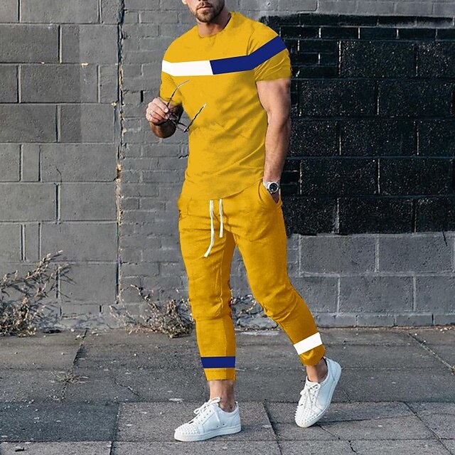 Voor heren T-shirt past Shirt- en broeksets 2 stuks outfits Korte mouw Ronde hals Zomer Kleurenblok Modieus Casual 2-stuks Vakantie Alledaagse kleding Uitgaan Zwart Wit Geel Top T-shirt voor mannen 2025 - $40.99 –P3