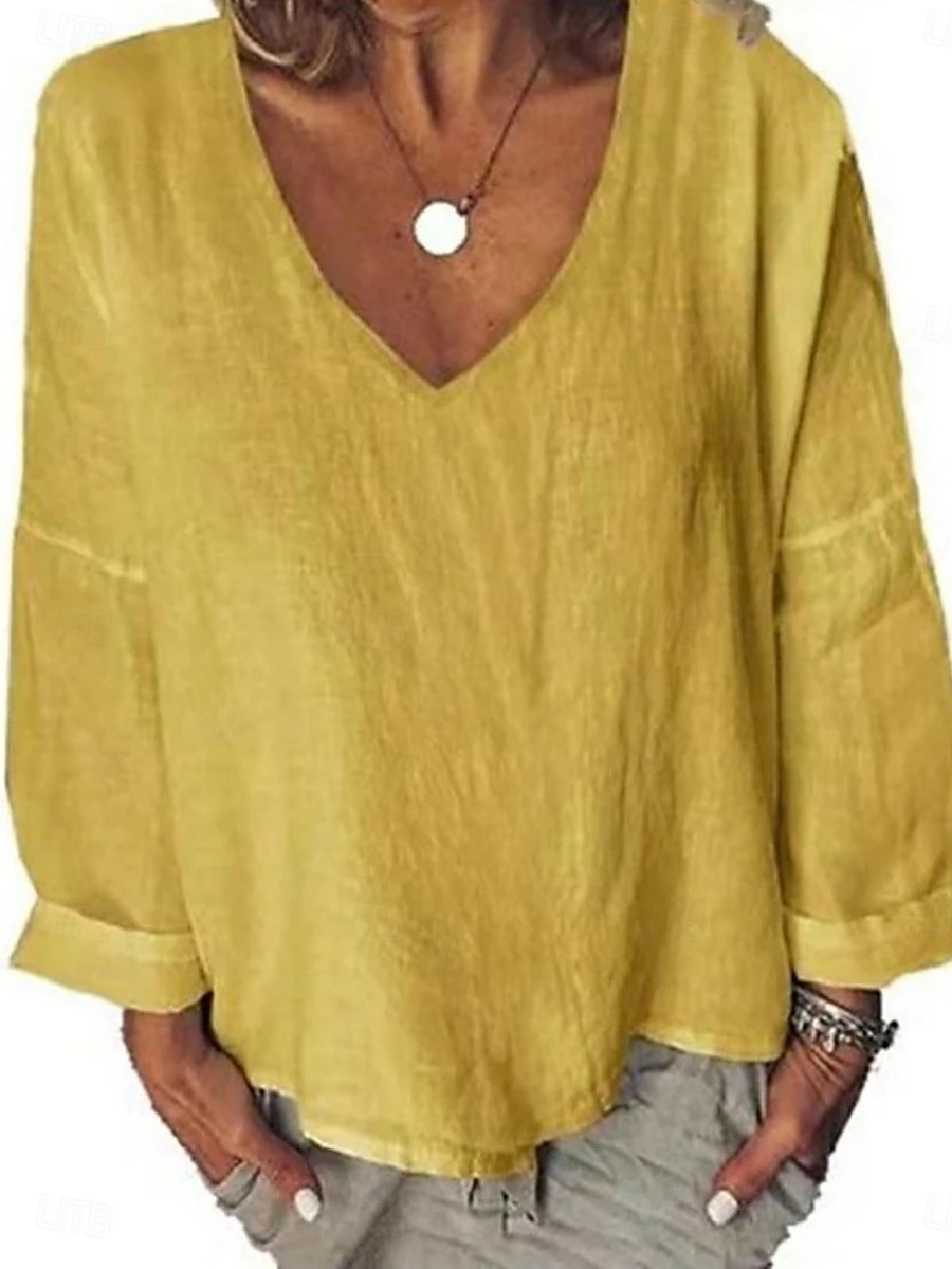 Women's Shirt Blouse Cotton Linen Shirts Solid Color Basic Casual Long Sleeve V Neck Regular Tops Daily White Yellow Summer Spring 2025 - $21.99 –P4