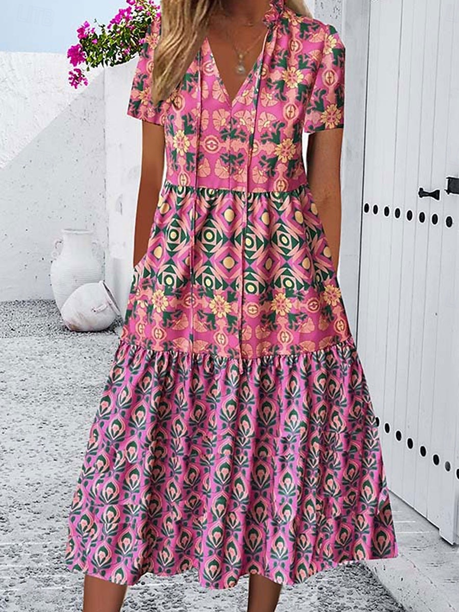 Dam Midiklänning Vardagsklänning Boho-klänning Stylish Ledigt Semester Ledigt Dagligen Lös passning Blommig Kortärmad V-hals Rodnande Rosa Sommar Vår 2025 - $35.99 –P1