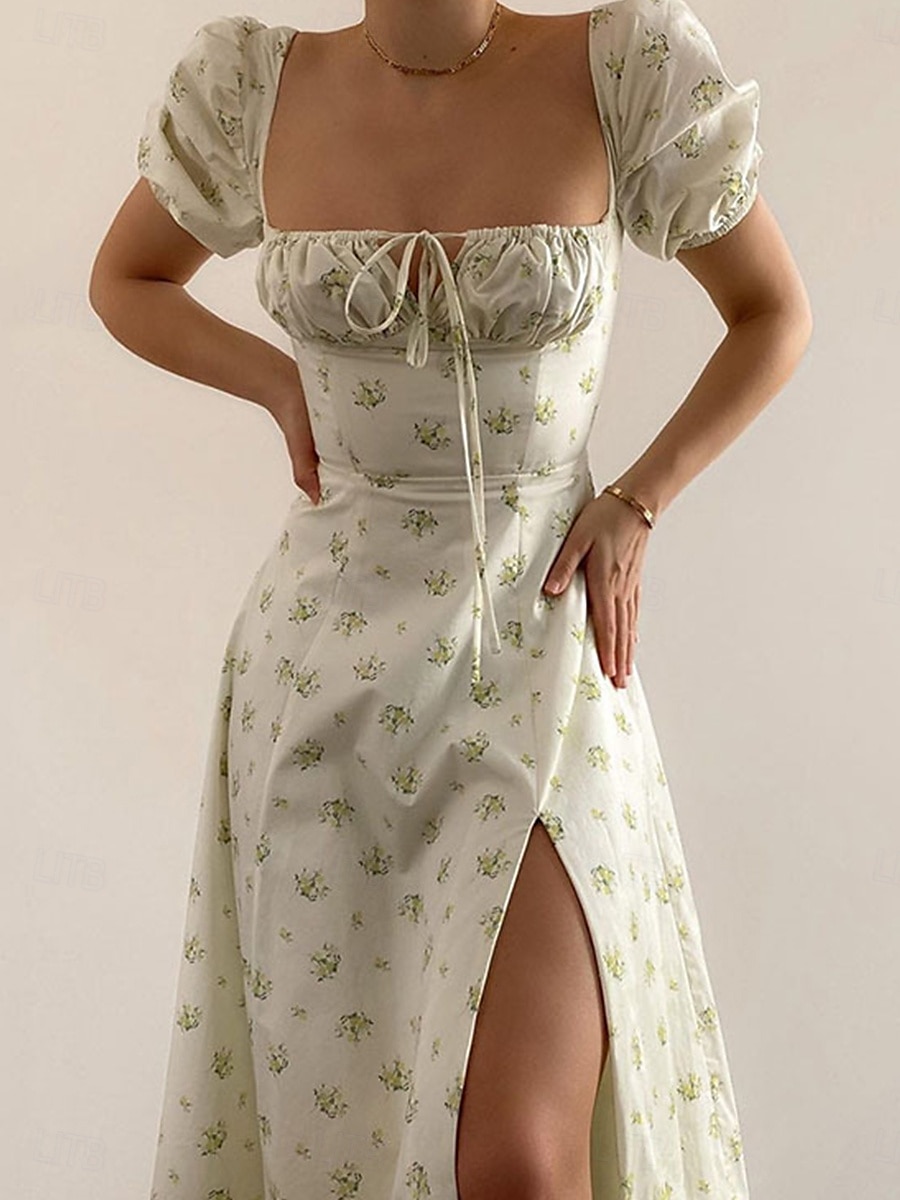 Per donna Vestito longuette Abito a corsetto Abito linea A Abito da lattaia Abito con maniche a sbuffo Festività Da mare Giornaliero Standard Floreale Manica corta Squadrata Bianco Giallo Rosa Blu del 2025 a $23.99 –P6