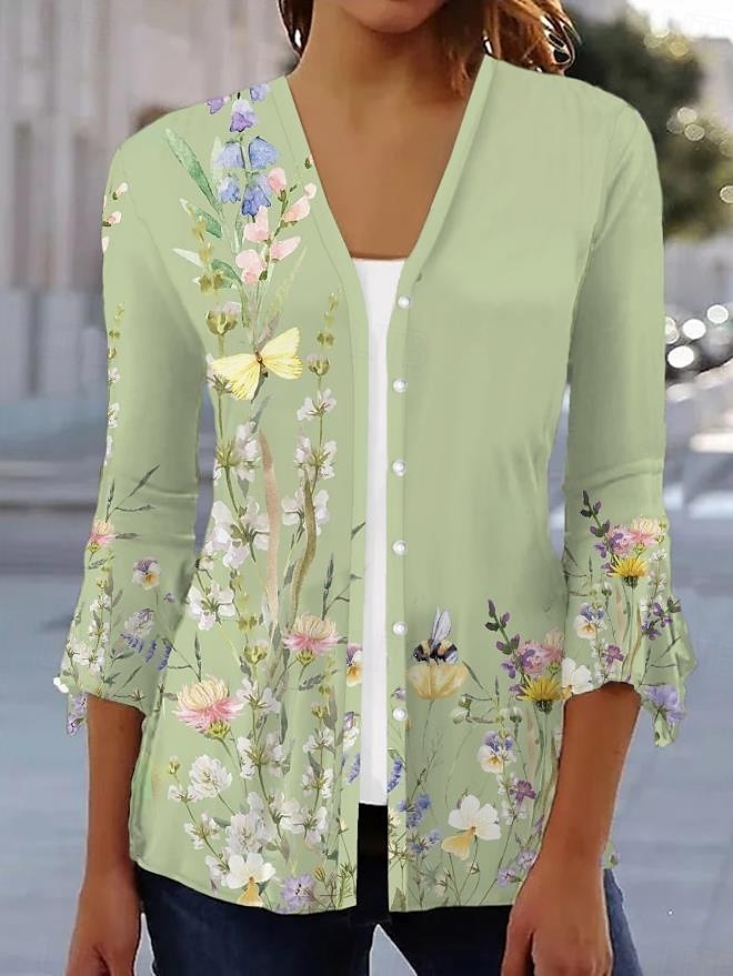 Women's Shirt Floral Basic Linen Like 3/4 Length Sleeve Square Neck Regular Tops Daily Print Light Green Summer 2025 - $31.99 –P1